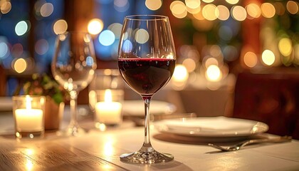 A single glass of red wine sits on a table set for dinner with candles and bokeh lights in the background, creating a romantic and elegant atmosphere.