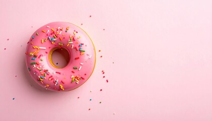 A single pink frosted donut covered in colorful sprinkles sits on a soft pink background with gentle lighting and a slight shadow providing a clean and appealing food photography composition