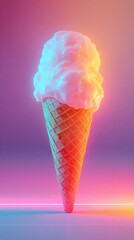 Vibrant Neon Ice Cream Cone with Glowing Pastel Colors Against a Colorful Background