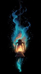 Captivating Neon Lantern with Glowing Flame and Ethereal Flames Above It, Perfect for Creative Projects and Visual Art Designs