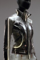 Futuristic Silver Jacket on Mannequin, Illuminated Details, Fashion Display, Studio Shot.