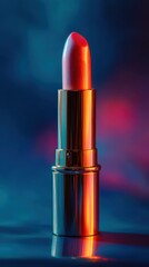 Stunning Metallic Lipstick Displayed with Neon Glow and Reflective Accents Against a Bold Colorful Background for Striking Visual Appeal