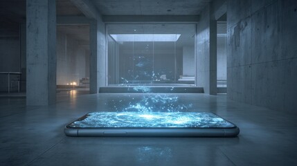 Futuristic Smartphone Displaying Holographic Water in a Minimalist Concrete Setting.
