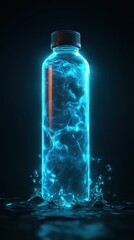 Futuristic Transparent Water Bottle with Glowing Liquid and Dynamic Water Effects in a Dark Background