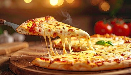 A Slice Of Hot Cheesy Pizza With Melted Mozzarella Stretching And Steam Rising Captured With A Shallow Depth Of Field And Soft Bokeh Background Lights