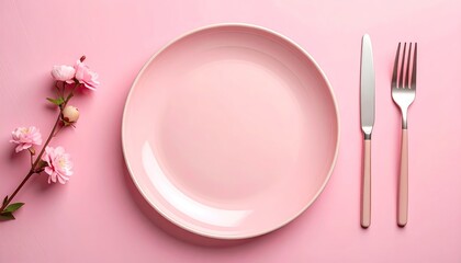 A Soft Pink Plate With A Delicate Pink Blossom Branch And Silverware Set On A Pastel Pink Background With A Top Down Perspective