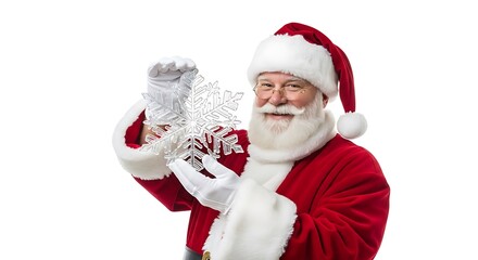 A jolly Santa Claus dressed in his traditional red suit and hat, holding a delicate snowflake ornament.
