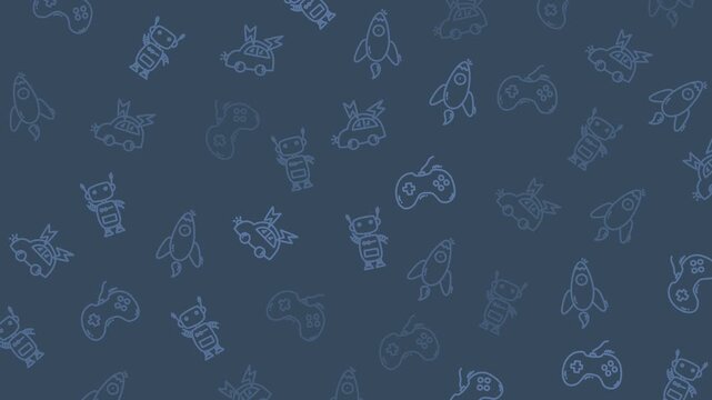 Animated Seamless Pattern of Robots and Game Controllers in Repeating Blue Line Art