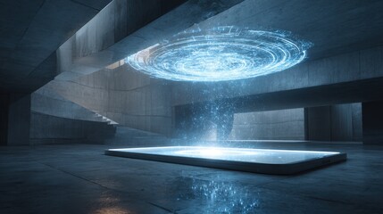 Futuristic Smartphone Projecting Ethereal Blue Energy Portal in Stark Concrete Chamber.