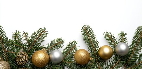 Christmas Ornaments and Fir Branches on White Background