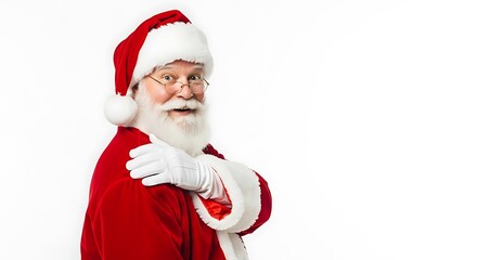 A jolly Santa Claus in his iconic red suit and hat, with a white beard and gloves, posing against a white background.