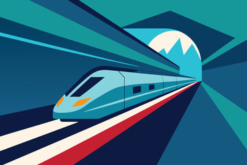 Obraz premium High- Speed Train Emerging from a Tunnel with Geometric transparent web icon Background high-speed bullet train