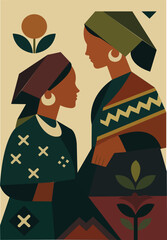 Abstract Vector Illustration of Stylized Ethnic Characters with Botanical Elements