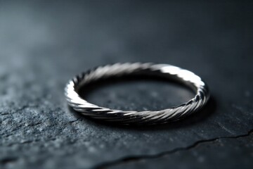 Macro view of a metallic spiral coil against a dark, textured background, highlighting its intricate form and reflective surface. Macro photography of a polished silver spiral coil, resting on a dark,