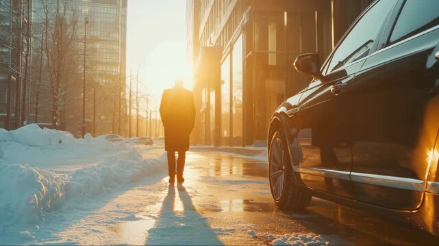 Businessman walks through snowy city streets at sunset next to a luxury car reflecting golden light
