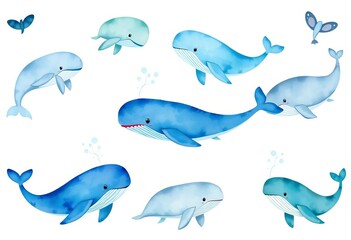 Fototapeta premium A set of whimsical watercolor whales in various shades of blue and grey, some jumping, others swimming, sea, nature