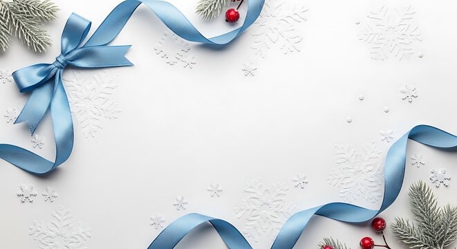 A festive winter holiday background with a blue ribbon and pine branches, perfect for Christmas cards.