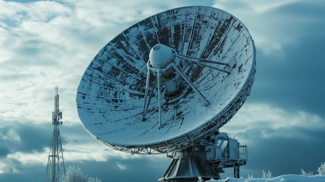 Satellite dish covered in snow during winter in a remote location with cloudy skies