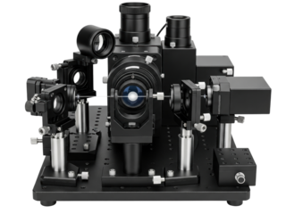 High precision optical laboratory instrument with metal components on a transparent background