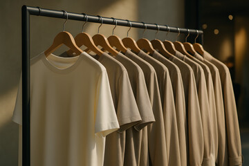 Obraz premium Clothes on Display: A row of simple garments hangs neatly on a rack, showcasing the beauty of minimalist fashion and the charm of an elegant and orderly display.