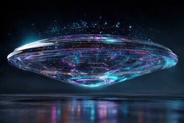 Ethereal Sci-Fi UFO Craft Levitating with Pulsating Neon Lights and Cosmic Dust.