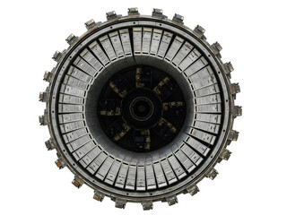 Obraz premium Top view of a complex industrial machine with metal components on a transparent background