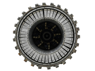 Top view of a complex industrial machine with metal components on a transparent background