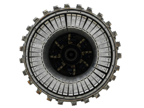 Top view of a complex industrial machine with metal components on a transparent background