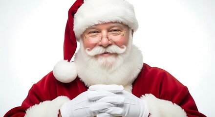A jolly Santa Claus with a white beard and mustache, wearing a red suit and white gloves, smiles warmly.