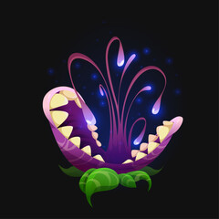 A magical fantasy monster plant spitting glowing purple poison from its open jaws with sharp teeth