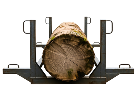 Large tree log with rings held by industrial logging equipment on a transparent background