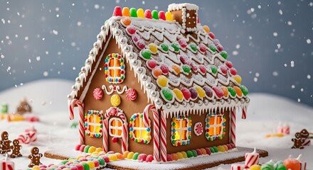 A beautifully decorated gingerbread house adorned with colorful candies and icing, set in a snowy winter scene.