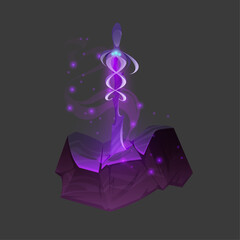 Mystical Glowing Crystal Sculpture with Swirling Energy on a Rocky Base