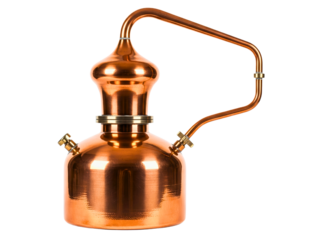 Polished copper distillation still for alcohol and essential oil making on a transparent background
