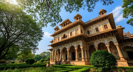 Historic Ornate Palace with Detailed Architecture Surrounded by Green Gardens and Tall Trees Under Bright Blue Sky