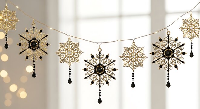 A string of delicate snowflake-shaped ornaments with intricate golden filigree and black bead accents, illuminated by soft fairy lights.