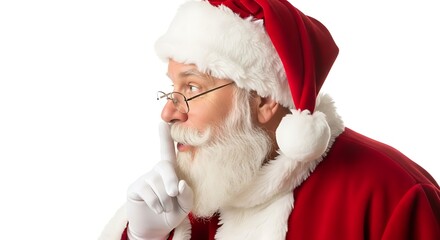 Santa Claus wearing his iconic red suit and hat, gesturing for silence with his finger to his lips.