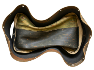 Stack of old worn industrial rubber conveyor belts with metal rivets on a transparent background