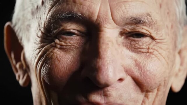 Close-up of elderly face revealing skin texture, deep wrinkles, and expressions of age
