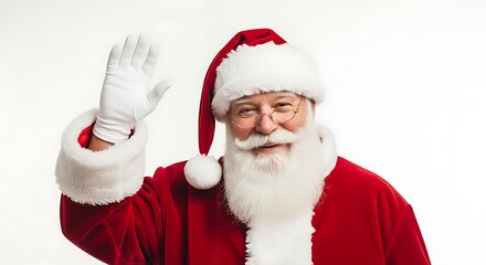 A cheerful Santa Claus wearing his iconic red suit and hat, waving hello with a gloved hand.