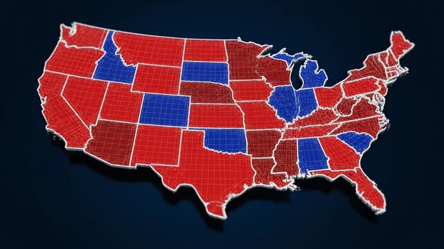 3D Digital Animation of the United States Political Map with Red and Blue Electoral States