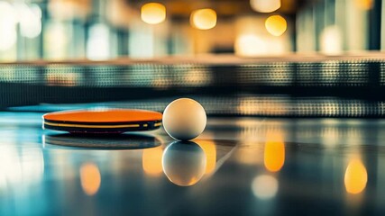 Close-up of ping pong ball and paddle on table, ready for a game. - Powered by Adobe