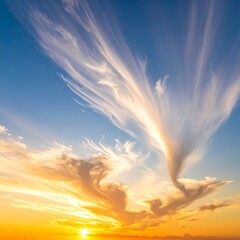 A dynamic view showcasing a brilliant orange sunset blending with shades of blue. Delicate wispy clouds stretch across the expansive sky