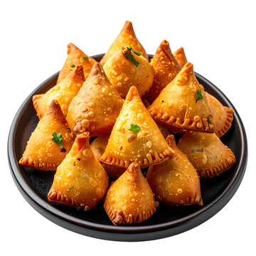 Mini sambusas Somali on a black plate isolated white background
