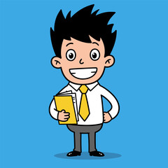 A cartoon illustration of a smiling man with black spiky hair, wearing a white shirt and yellow tie, holding a yellow folder against a blue background.
