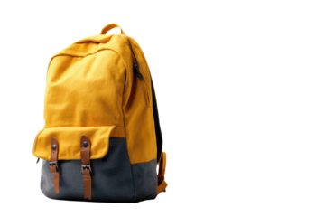 Yellow canvas backpack with dark grey bottom and leather straps on black image, Isolated On Transparent Background, Png Cut Out