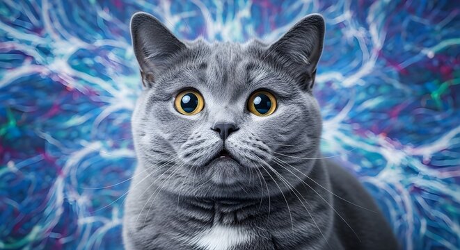 Surprised Grey British Shorthair Cat with a Psychedelic Background. - Powered by Adobe