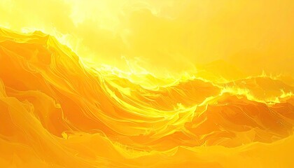 Abstract digital art depicting golden waves and sparkling particles under a bright yellow sky creating a sense of powerful energy and movement