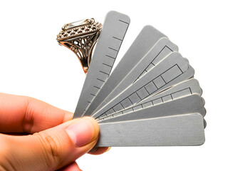 Jeweler measuring a diamond ring with a finger sizing tool on a transparent background
