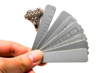 Jeweler measuring a diamond ring with a finger sizing tool on a transparent background